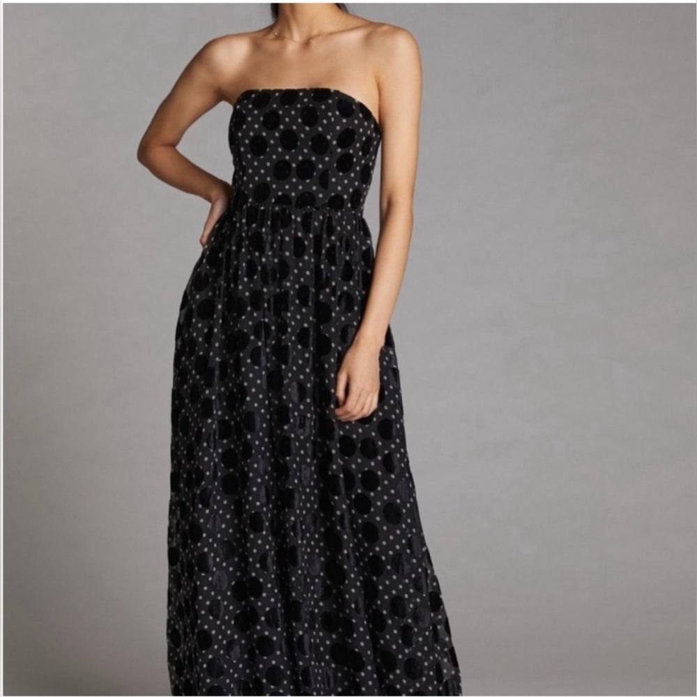 Anthropologie Hutch NWT Velvet Maxi Dress Size 4 Black White Polka Dot Strapless - Picture 4 of 16